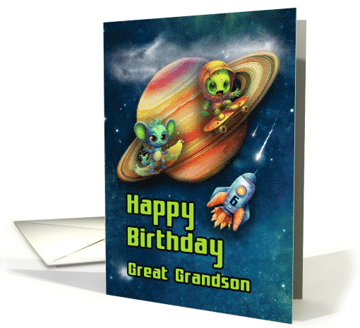 Great Grandson 6th Birthday Funny Aliens Skateboarding in Space card