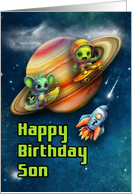 Son 7th Birthday Funny Aliens Skateboarding in Space card
