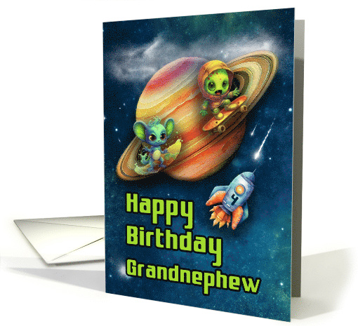 Grandnephew 4th Birthday Funny Aliens Skateboarding in Space card