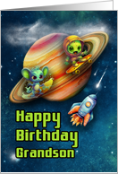 Grandson Birthday Funny Aliens Skateboarding in Space card