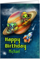 Michael 4th Birthday Custom Name Funny Aliens Skateboarding in Space card