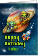 Nathan 6th Birthday Custom Name Funny Aliens Skateboarding in Space card