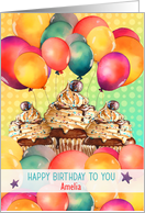 Amelia Custom Name Birthday Chocolate Cupcakes and Balloons card