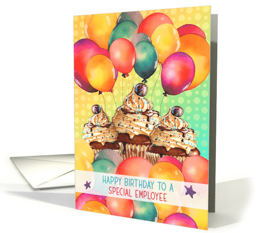 Employee Birthday Chocolate Cupcakes and Balloons card (1821476)