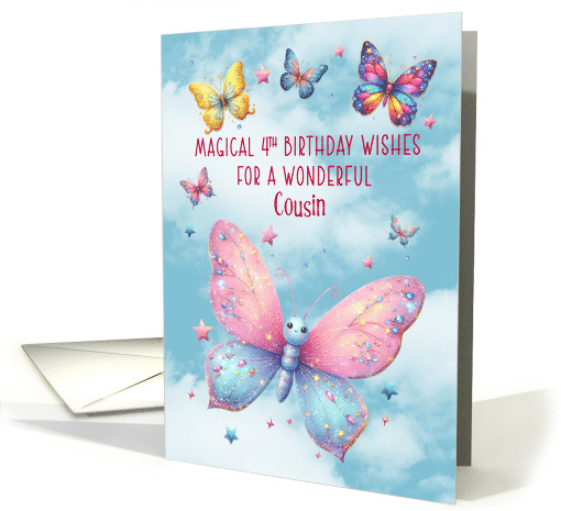 Cousin 4th Birthday Glittery Effect Butterflies and Stars card