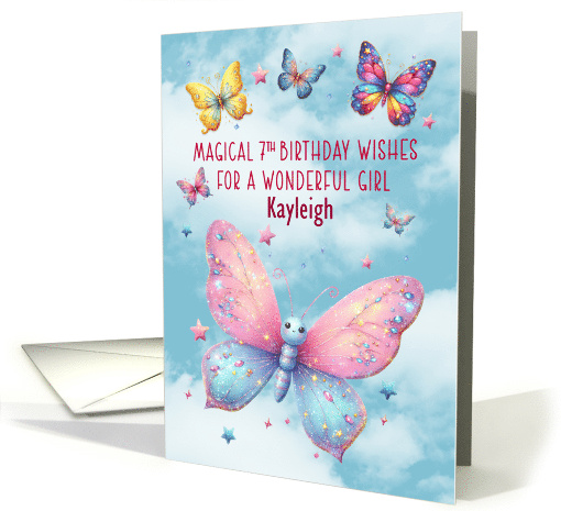 7th Birthday Kayleigh Custom Name Glittery Effect Butterflies card