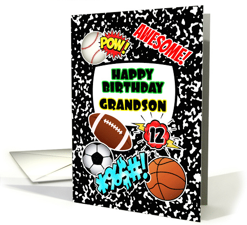 Grandson 12th Birthday Notebook with Sports and Comic Stickers card