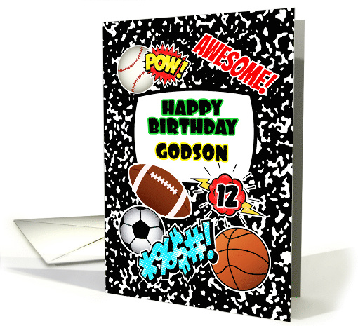 Godson 12th Birthday Notebook with Sports and Comic Stickers card