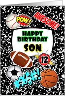Son 12th Birthday Notebook with Sports and Comic Stickers card