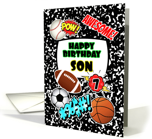 Son 7th Birthday Notebook with Sports and Comic Stickers card