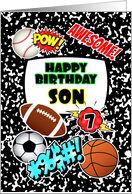 Son 7th Birthday Notebook with Sports and Comic Stickers card