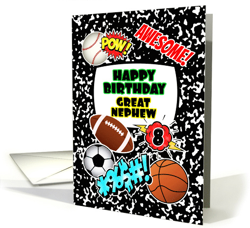 Great Nephew 8th Birthday Notebook with Sports and Comic Stickers card