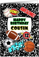 Cousin 12th Birthday Notebook with Sports and Comic Stickers card