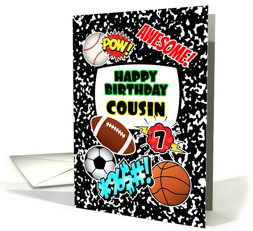 Cousin 7th Birthday Notebook with Sports and Comic Stickers card