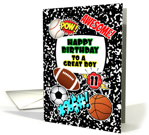 Boy 11th Birthday Notebook with Sports and Comic Stickers card