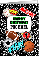 Michael 7th Birthday Custom Name Notebook with Sports Comic Stickers card