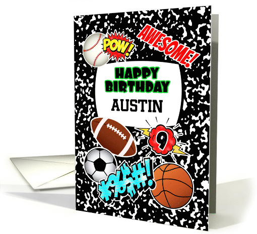 Austin 9th Birthday Custom Name Notebook Sports Comic Stickers card