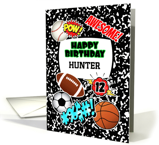 Hunter 12th Birthday Custom Name Notebook Sports Comic Stickers card