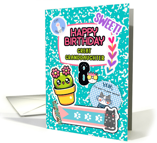 Great Granddaughter 8th Birthday Colorful Notebook and Stickers card