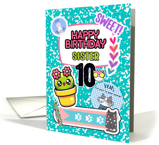 Sister 10th Birthday Colorful Notebook and Stickers card (1894570)