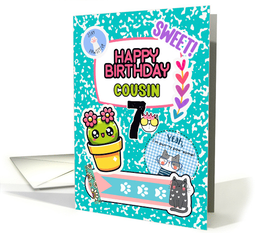 Cousin 7th Birthday Colorful Notebook and Stickers card (1894584)