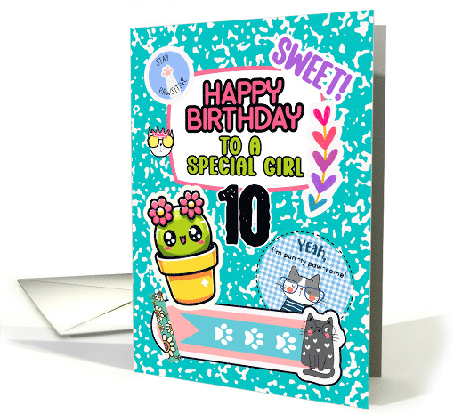 To Girl 10th Birthday Colorful Notebook and Stickers card (1894608)