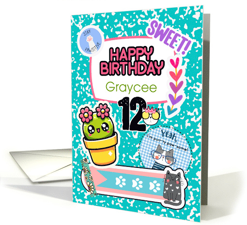 Graycee 12th Birthday Custom Name Colorful Notebook and Stickers card