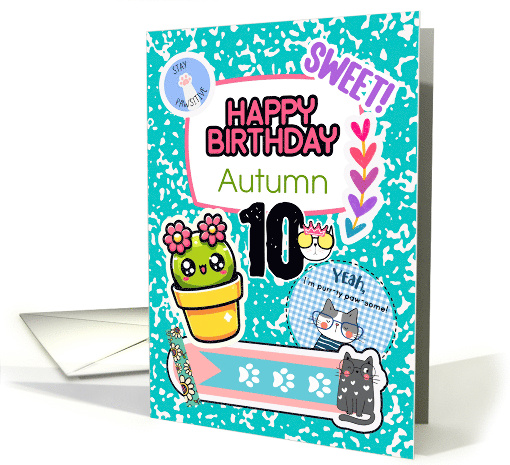 Autumn 10th Birthday Custom Name Colorful Notebook and Stickers card