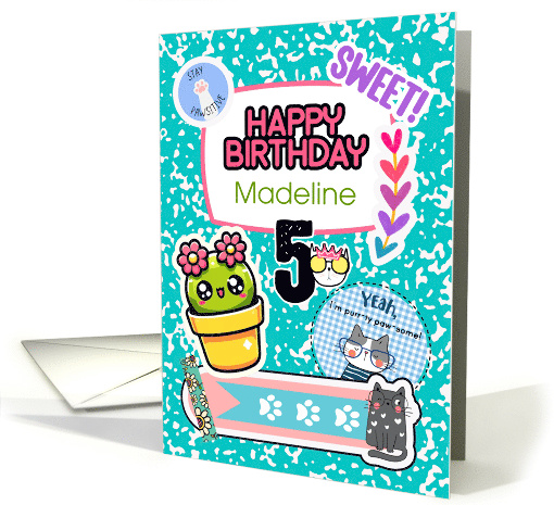 Madeline 5th Birthday Custom Name Colorful Notebook and Stickers card