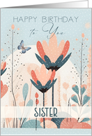 Sister Birthday Beautiful Stylized Flowers in Teal and Peach card