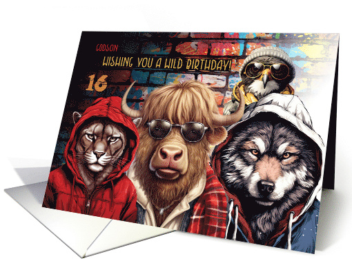 Godson 16th Birthday Wild Hipster Animals with Graffiti card (1898310)