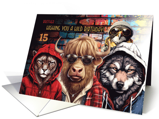 Brother 15th Birthday Wild Hipster Animals with Graffiti card
