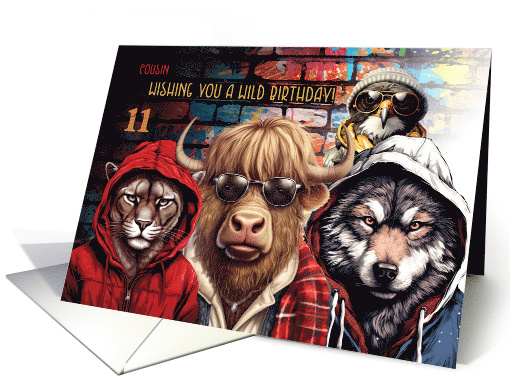 Cousin 11th Birthday Wild Hipster Animals with Graffiti card (1900822)