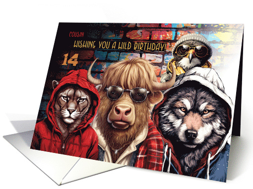 Cousin 14th Birthday Wild Hipster Animals with Graffiti card (1900828)