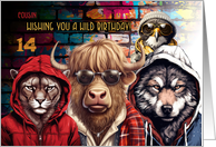 Cousin 14th Birthday Wild Hipster Animals with Graffiti card