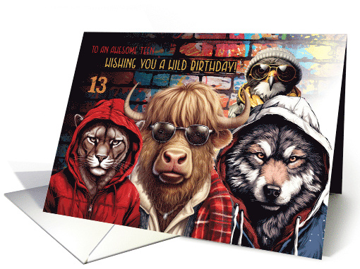 Teen 13th Birthday Wild Hipster Animals with Graffiti card (1900840)