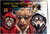 Dominic 15th Birthday Custom Name Wild Hipster Animals with Graffiti card