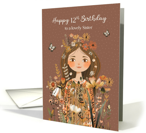 Sister 12th Birthday Young Girl in Flowers with Butterflies card