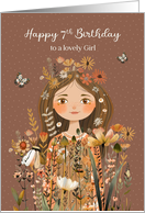 To Young Girl 7th Birthday Pretty Girl in Flowers with Butterflies card