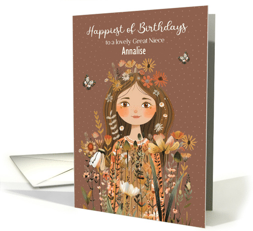 Great Niece Birthday Annalise Custom Name Young Girl with Flowers card