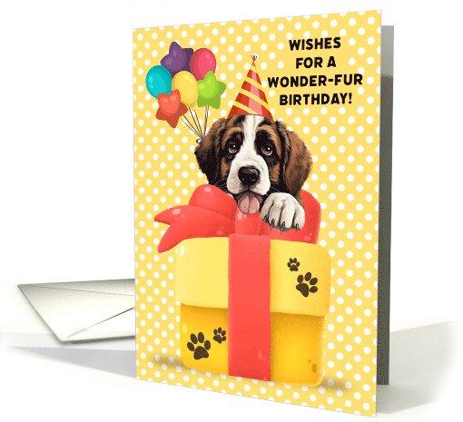 Saint Bernard Dog Birthday Greeting with Balloons and Gift card