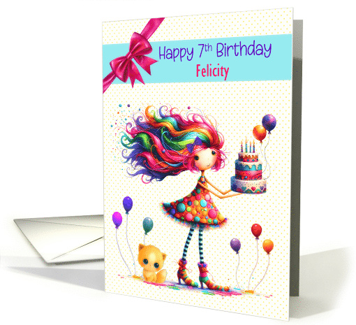 Felicity 7th Birthday Custom Name Colorful Girl and Balloons card