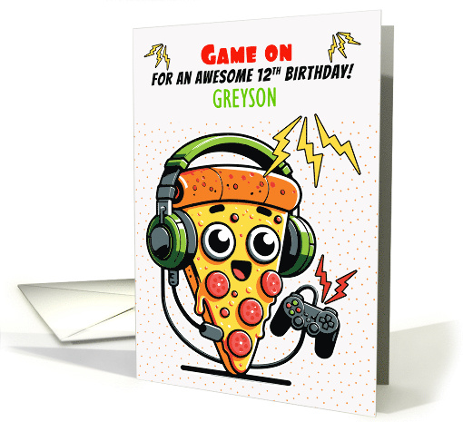 Greyson 12th Birthday Custom Name Pizza Gamer Guy card (1933072)