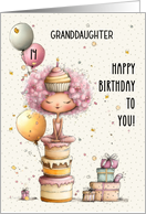 Granddaughter 14th Birthday Girl Sitting on Birthday Cake and Presents card