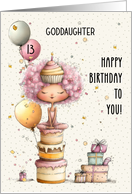 Goddaughter 13th Birthday Girl Sitting on Birthday Cake and Presents card