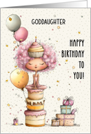 Goddaughter Birthday Girl Sitting on Birthday Cake and Presents card