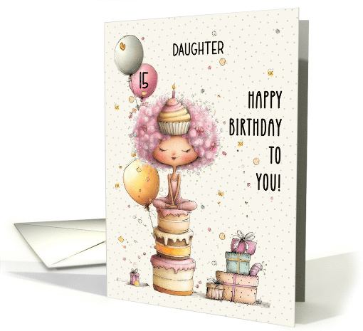 Daughter 15th Birthday Girl Sitting on Birthday Cake and Presents card
