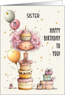 Sister 14th Birthday Girl Sitting on Birthday Cake and Presents card