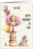 Sister 18th Birthday Girl Sitting on Birthday Cake and Presents card