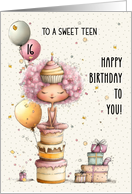 Teen 16th Birthday Girl Sitting on Birthday Cake and Presents card